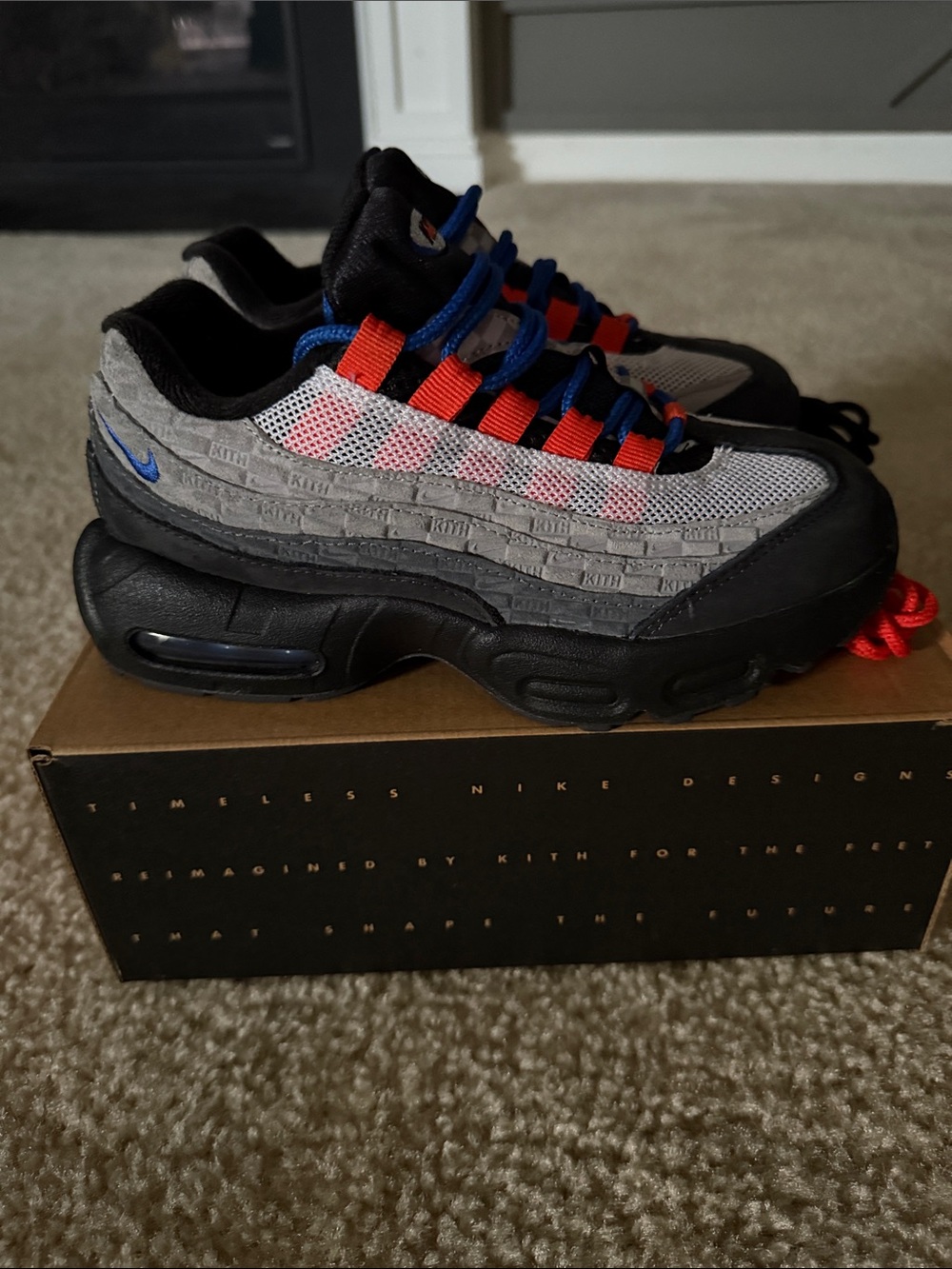 KITH x Nike Kids Grey & Black Sneakers with Blue Swoosh and Red Accents